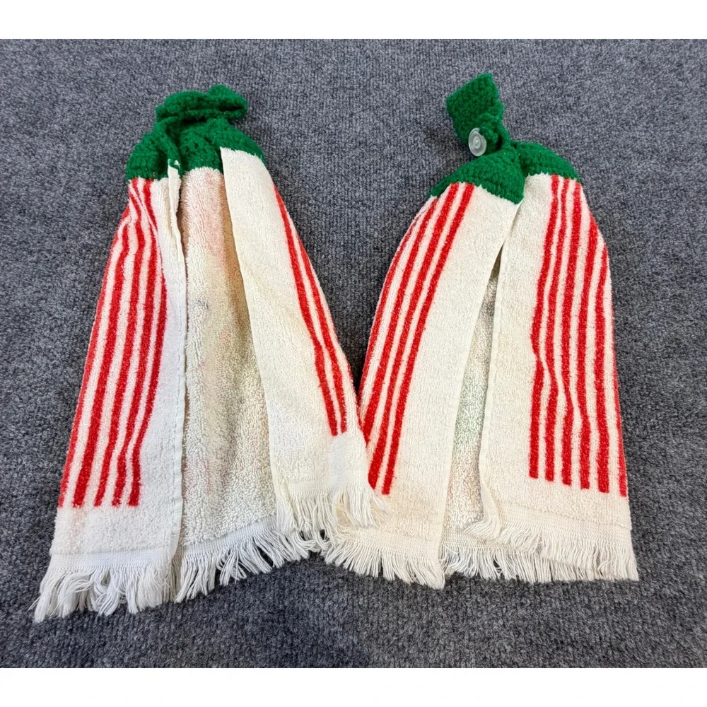Vintage Christmas Hanging Kitchen Towels Set Santa Snowman Crochet Top 2pc